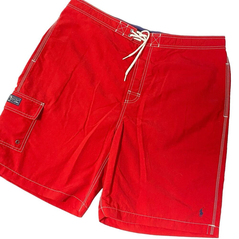 POLO Mens RALPH LAUREN Swim Board Shorts Suit XXL Red Elastic Waist Drawstring